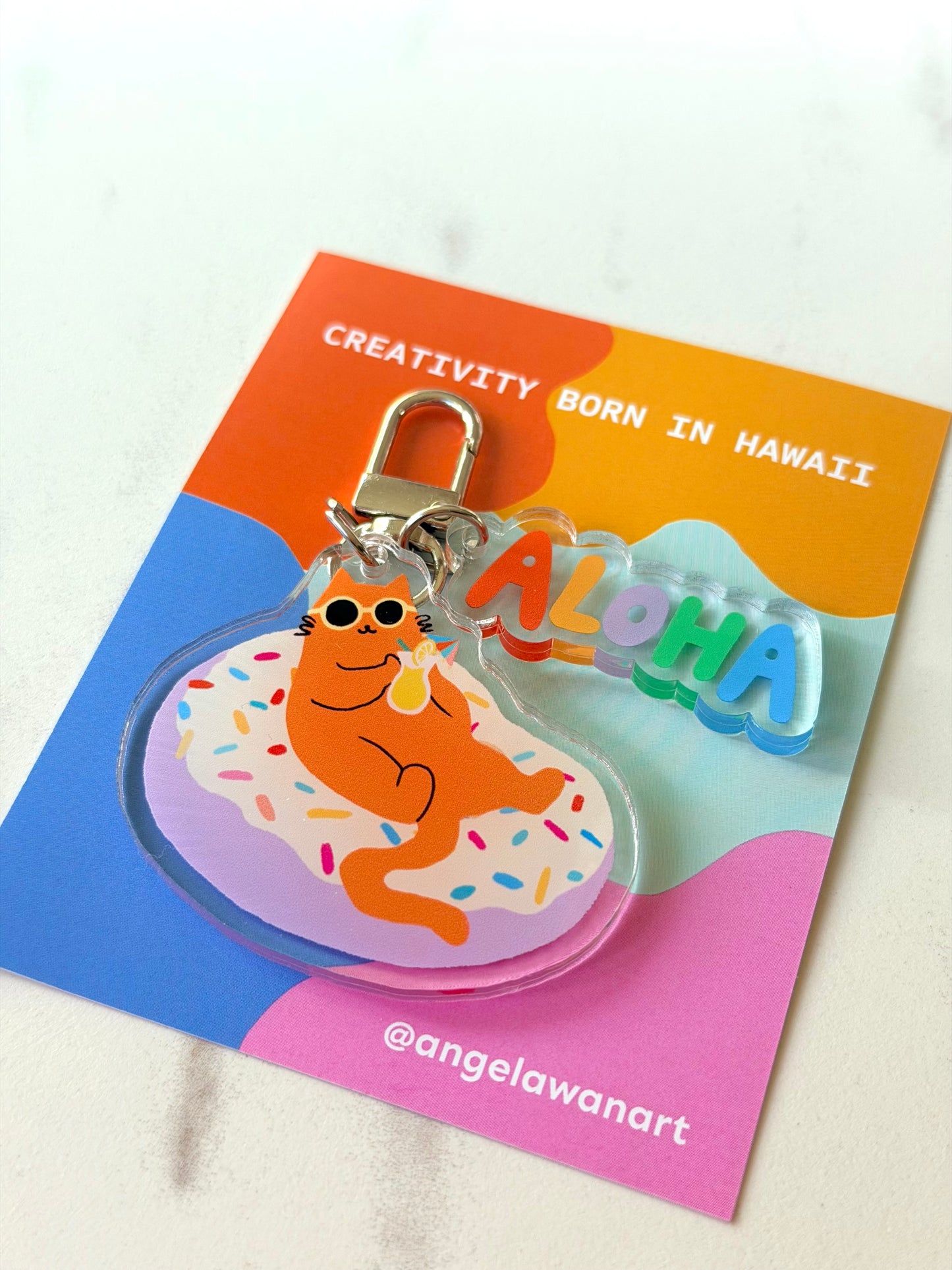 “Just Donut Care” Keychain – Milo the Beach Cat Collection