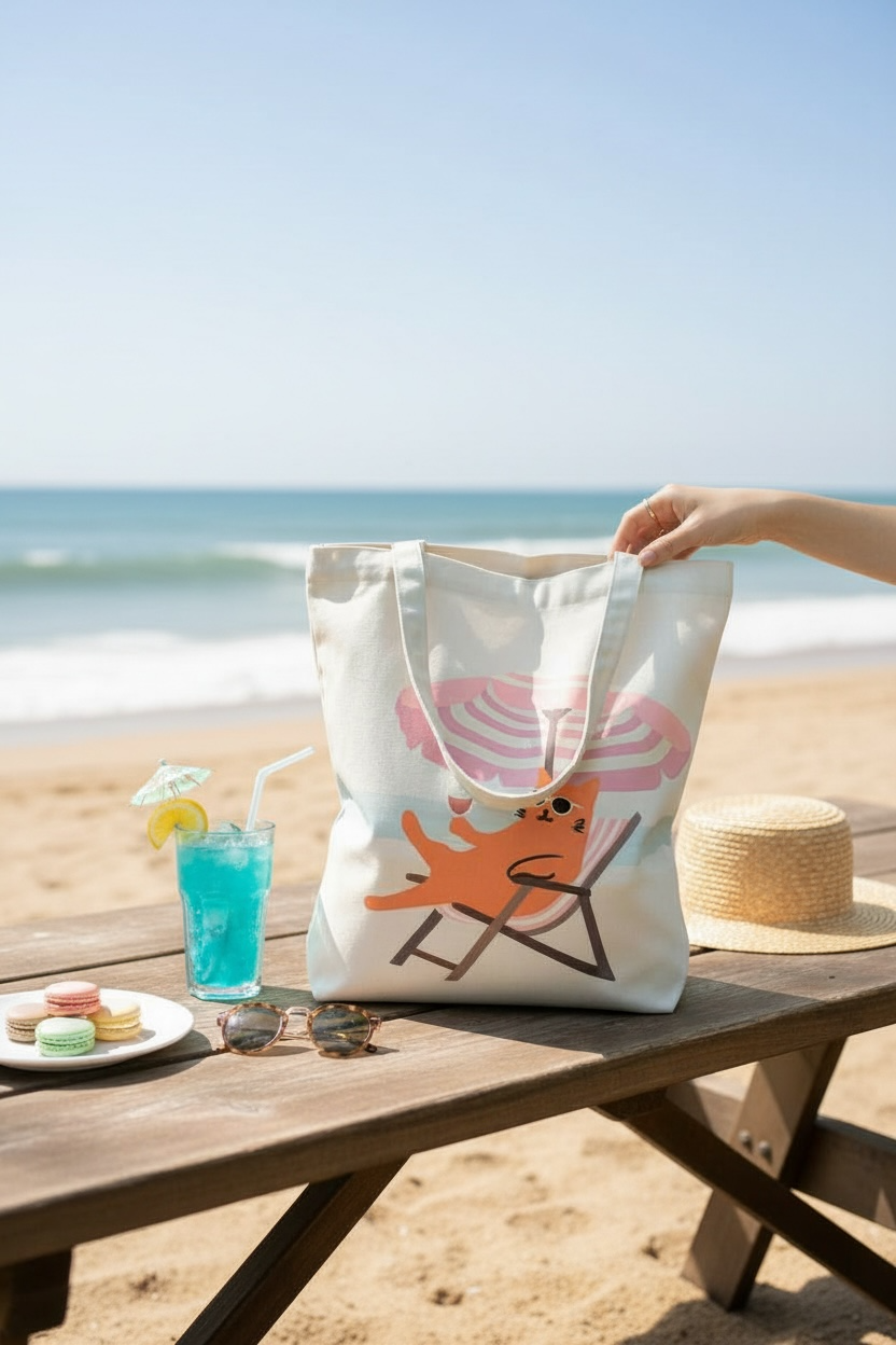 Beach Cat Tote Bag – Hawaii-Inspired Art Tote with Zip Closure