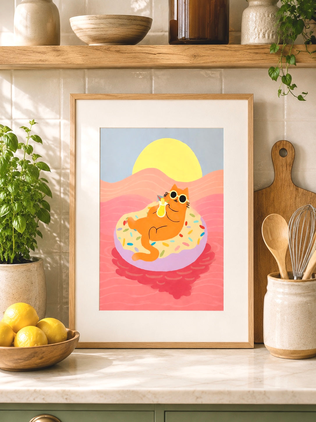 "Donut Rush" Beach Cat Matted Print