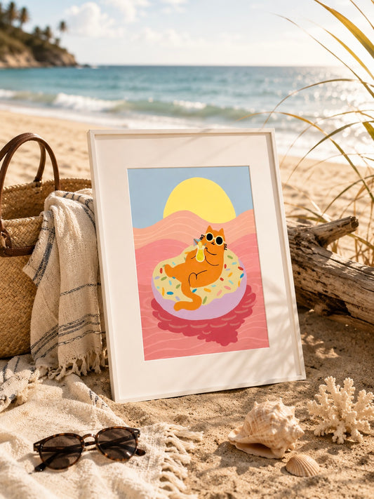 "Donut Rush" Beach Cat Matted Print