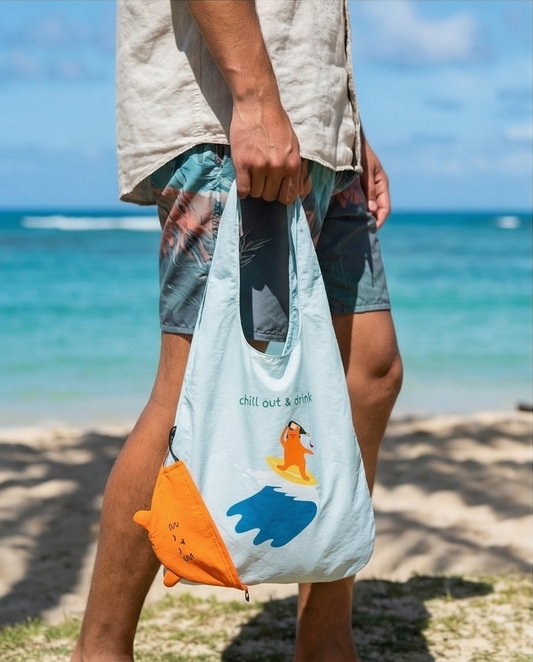 Surfing Cat Foldable Tote – Compact Reusable Grocery Bag