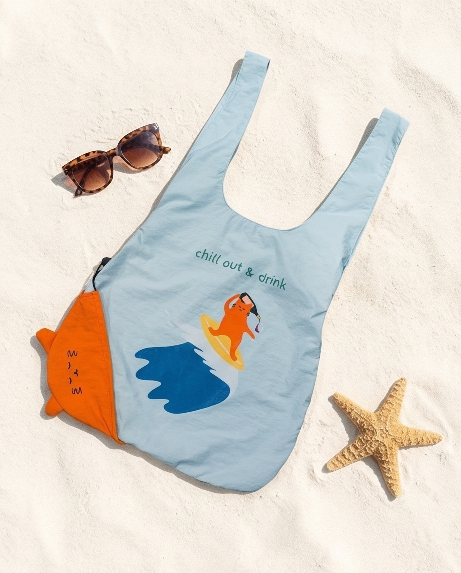 Surfing Cat Foldable Tote – Compact Reusable Grocery Bag