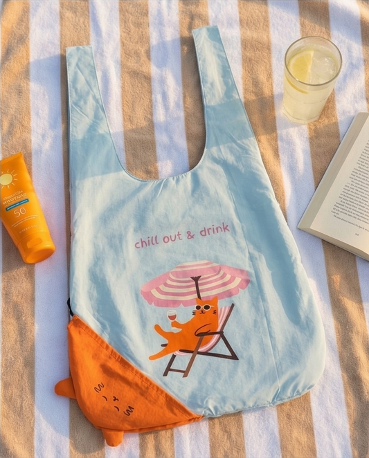 Beach Cat Foldable Tote – Compact Reusable Grocery Bag