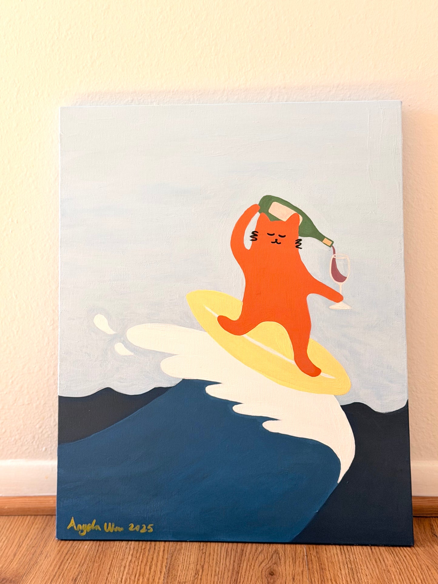Surfing Cat — Original Acrylic Painting (16”x20”)