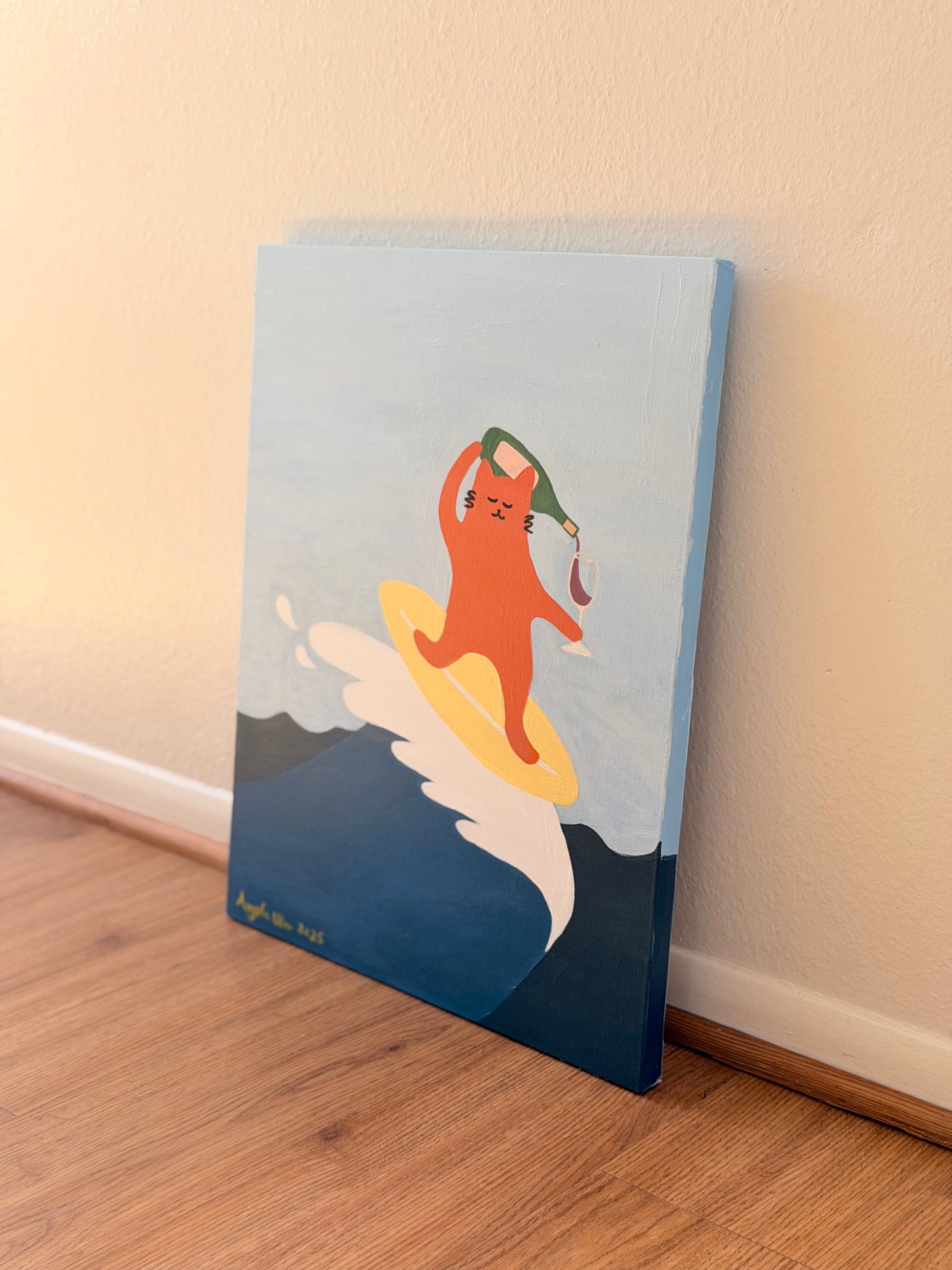 Surfing Cat — Original Acrylic Painting (16”x20”)