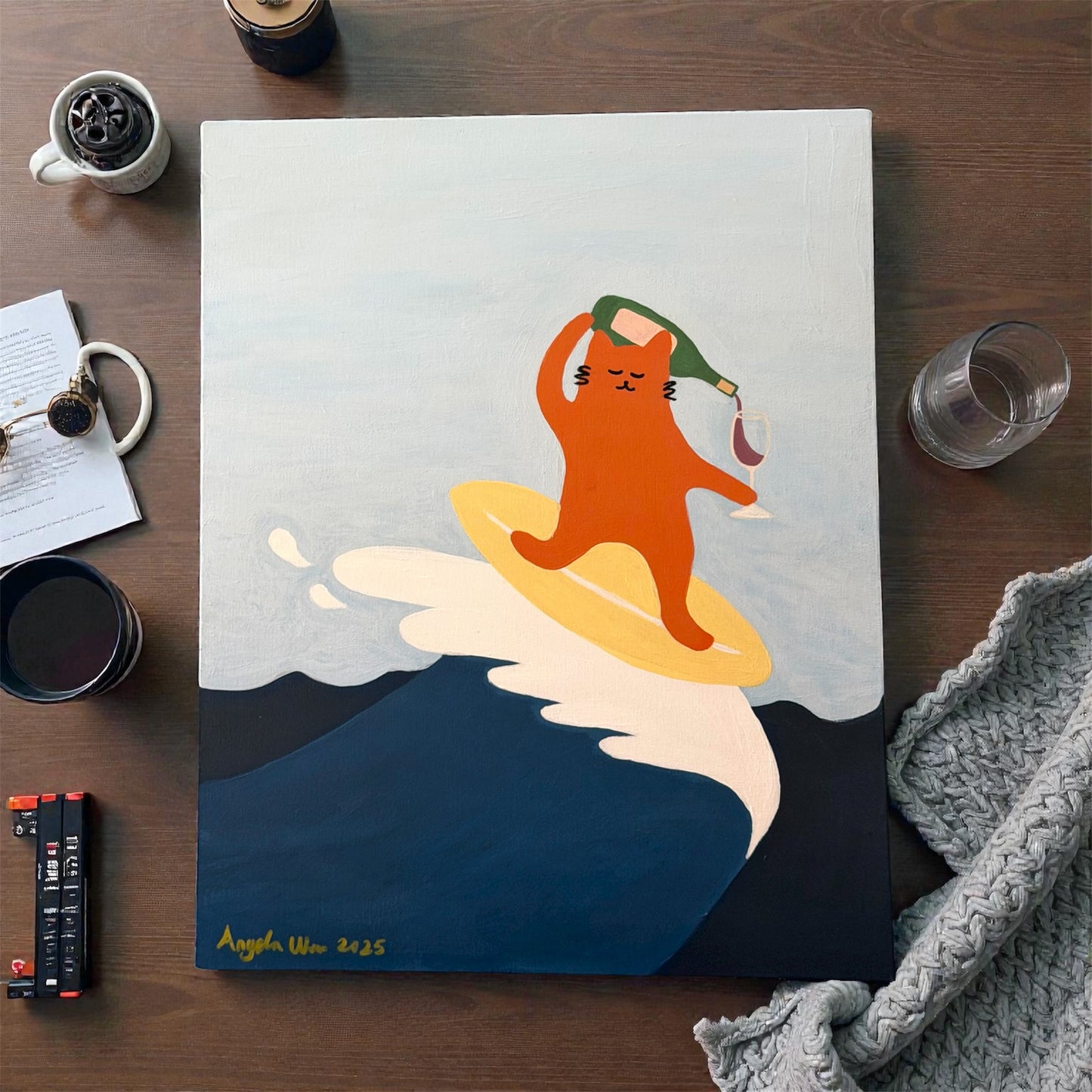 Surfing Cat — Original Acrylic Painting (16”x20”)