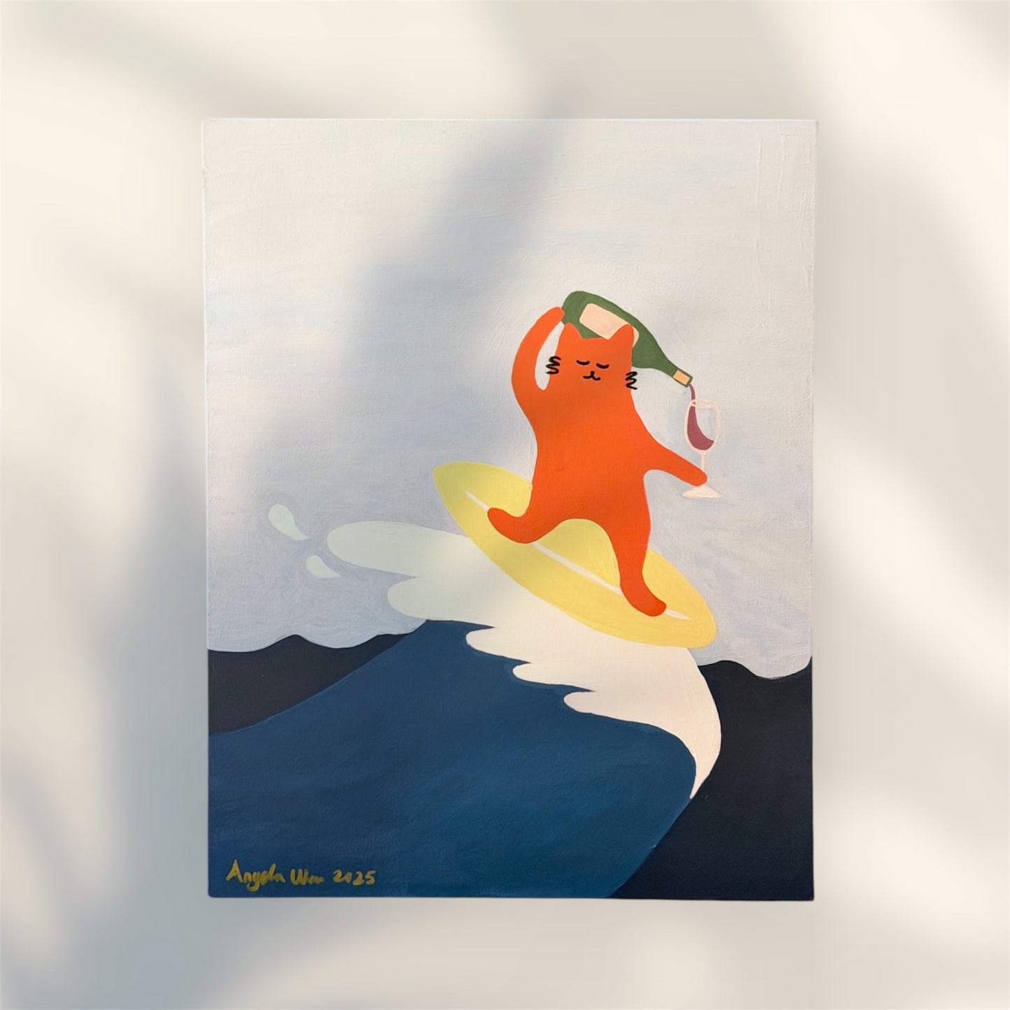 Surfing Cat — Original Acrylic Painting (16”x20”)