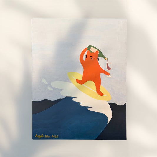 Surfing Cat — Original Acrylic Painting (16”x20”)