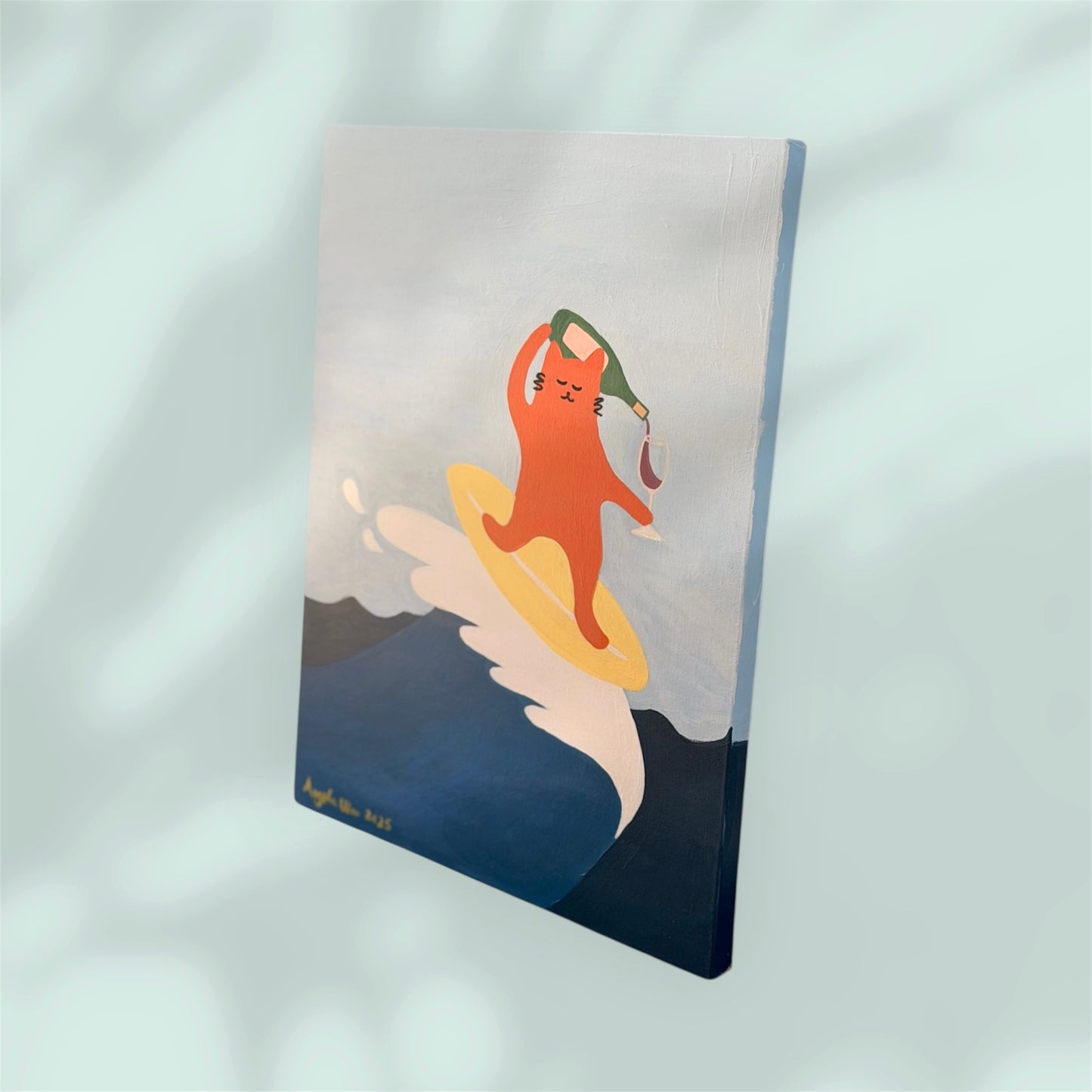 Surfing Cat — Original Acrylic Painting (16”x20”)